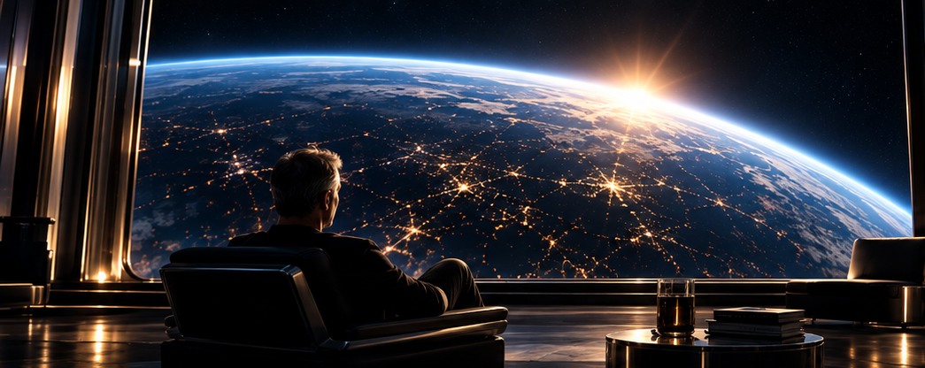 Business leader considering future work with an Earth view
